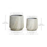 This elegant planter set features two cylindrical pots with a chic marble ribbed texture. The larger pot stands 14.17 inches tall with a diameter of 14.57 inches, while the smaller one is 11.42 inches tall and 11.81 inches wide, both equipped with a handy drainage hole for easy care.