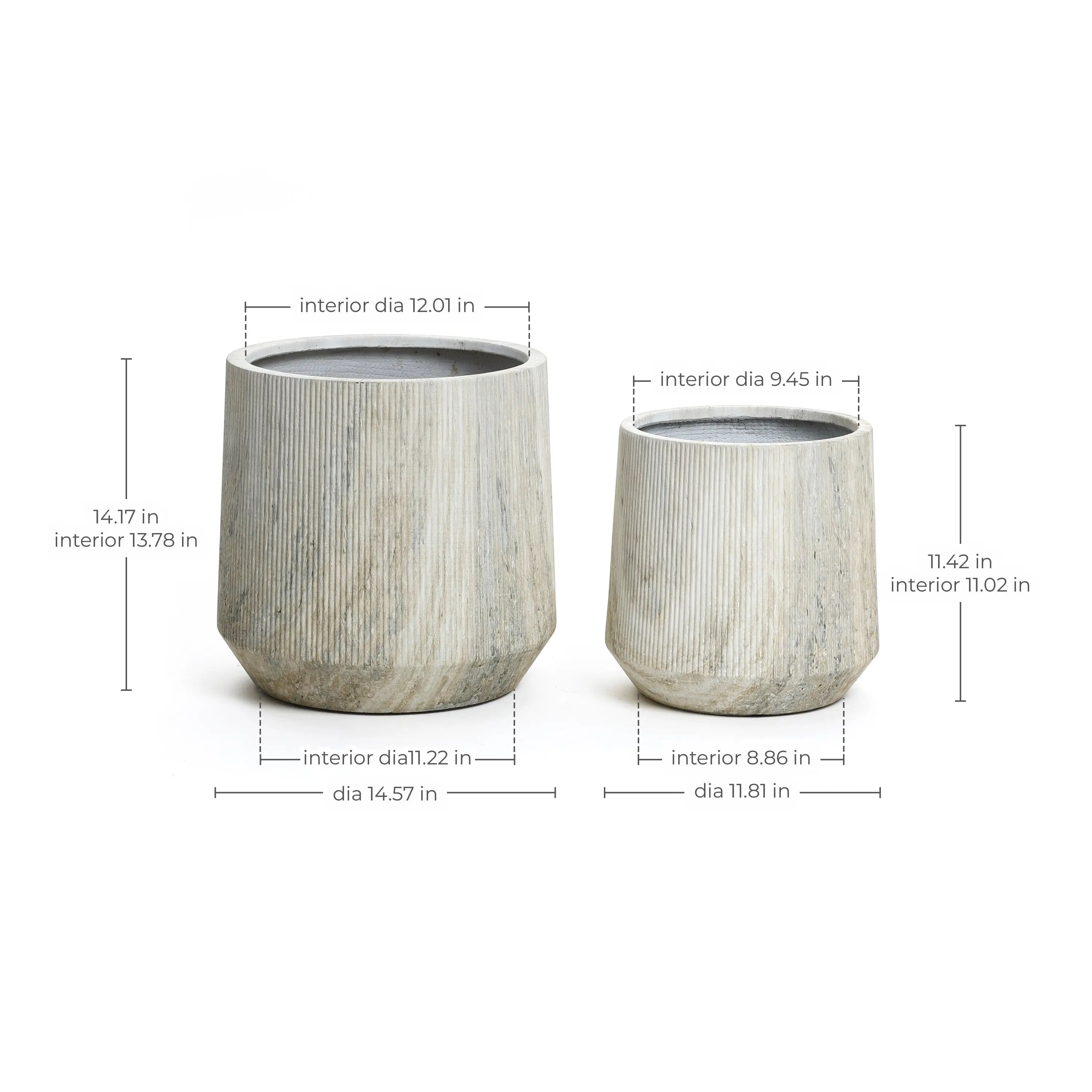This elegant planter set features two cylindrical pots with a chic marble ribbed texture. The larger pot stands 14.17 inches tall with a diameter of 14.57 inches, while the smaller one is 11.42 inches tall and 11.81 inches wide, both equipped with a handy drainage hole for easy care.