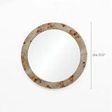 Round mirror featuring a burlywood MDF frame with a poplar burl veneer, diameter labeled as 31.5 inches, on a plain white background.