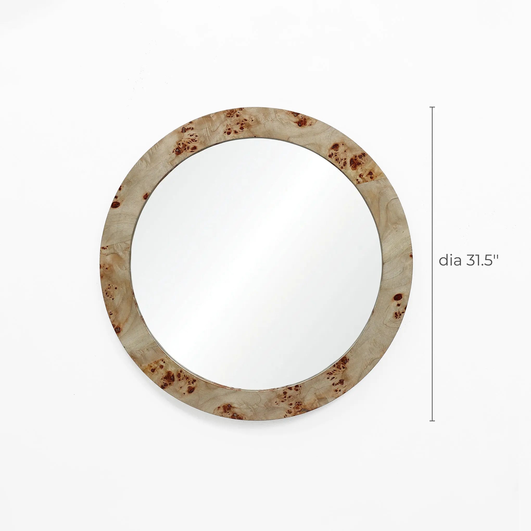 Round mirror featuring a burlywood MDF frame with a poplar burl veneer, diameter labeled as 31.5 inches, on a plain white background.