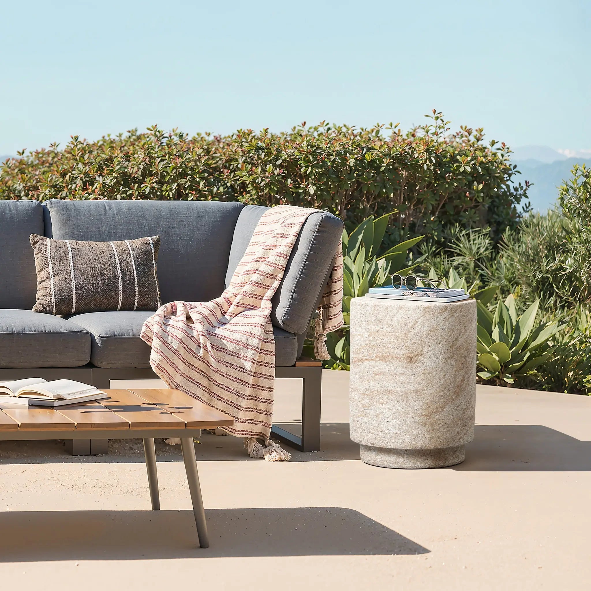 Travertine-Style Round Textured MgO Side Table - LuxenHome