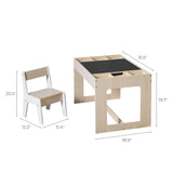 The LuxenHome Drawing and Activity Board Childrens Table with 2 Chairs Set features a 31.5 L x 18.9 W x 19.7 H chalkboard table that doubles as a drawing board and two 20.5 H wooden chairs with an 11.4 seat width and a depth of 12.2.