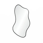 Asymmetrical mirror with a sleek black frame set against a plain white background, embodying modern minimalism.