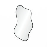 Asymmetrical mirror with a sleek black frame set against a plain white background, embodying modern minimalism.