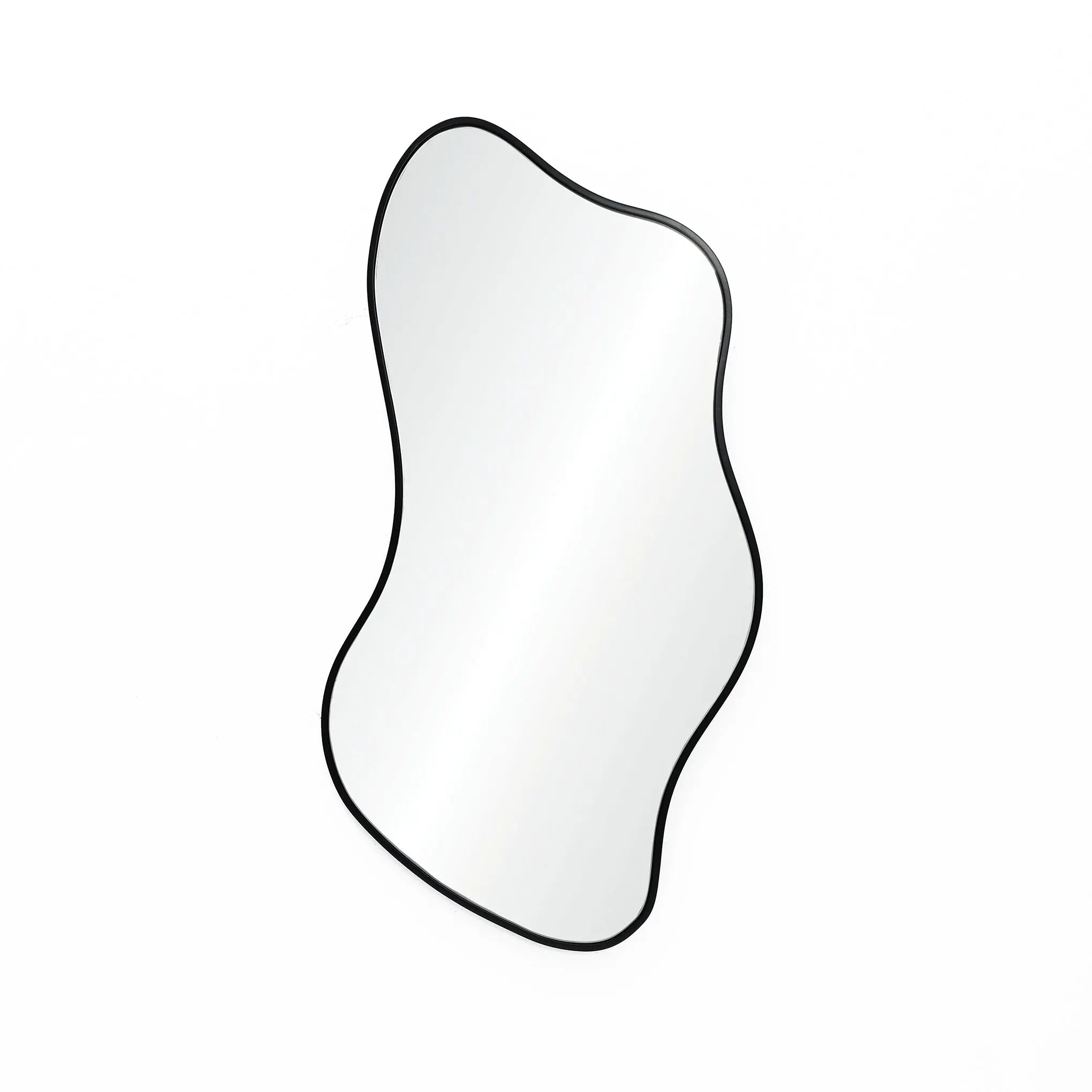 Asymmetrical mirror with a sleek black frame set against a plain white background, embodying modern minimalism.
