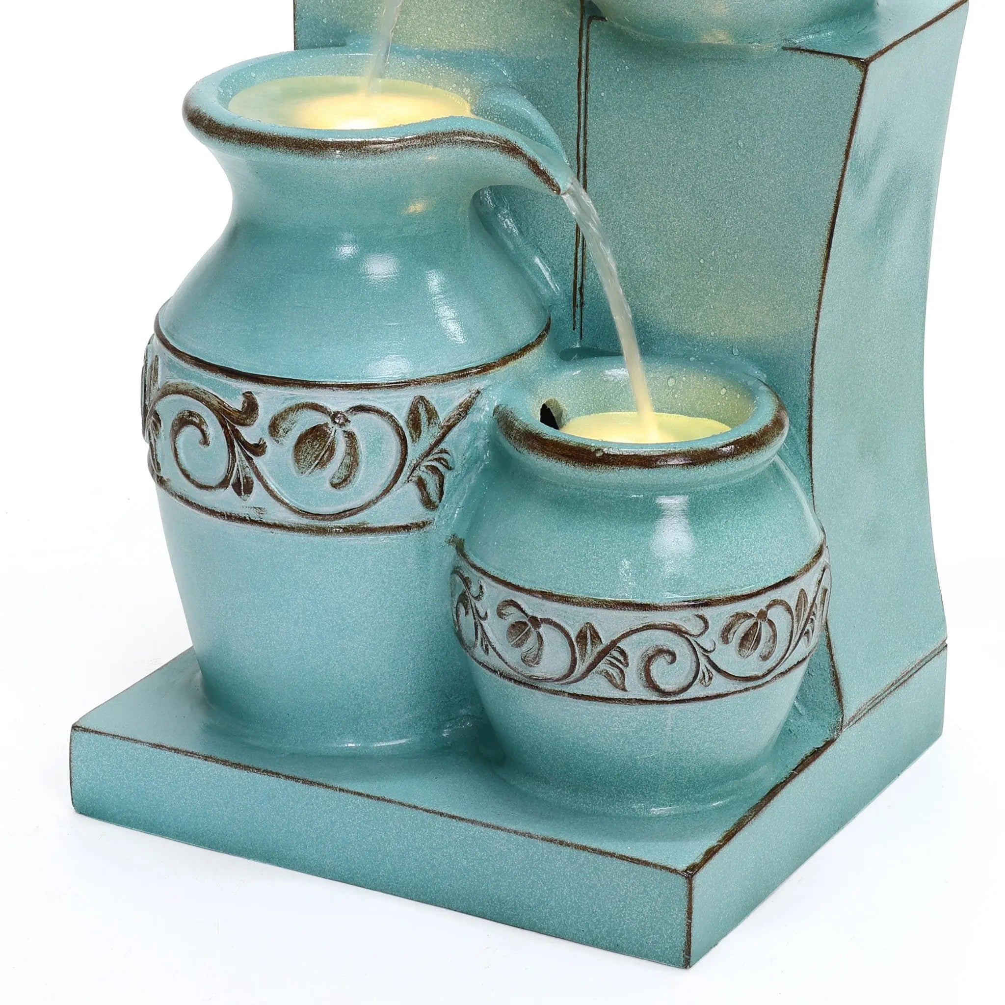 Light blue 4-tier ornate jugs polyresin outdoor water fountain with lights - LuxenHome