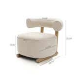 The Rio upholstered cream accent chair by LuxenHome boasts a cylindrical backrest and sleek minimalist design in velvet. Ideal for contemporary spaces, it measures 31.69 wide, 25.59 high, with a 15.35 seat height, and depths of 22.05 to 28.74.