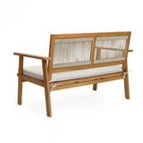 Outdoor wooden bench with beige cushion and woven backrest, crafted from FSC-certified Acacia wood. It features armrests, angled legs, and a minimalist design perfect for any patio or garden setting.