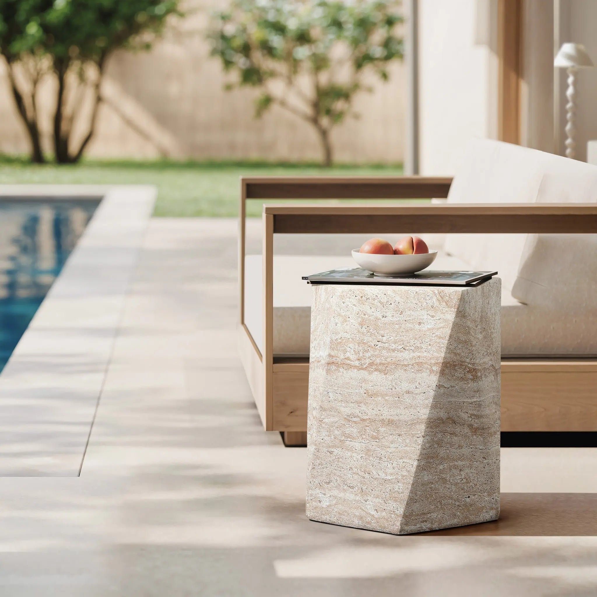 Travertine-Style Irregular Textured MgO Side Table - LuxenHome