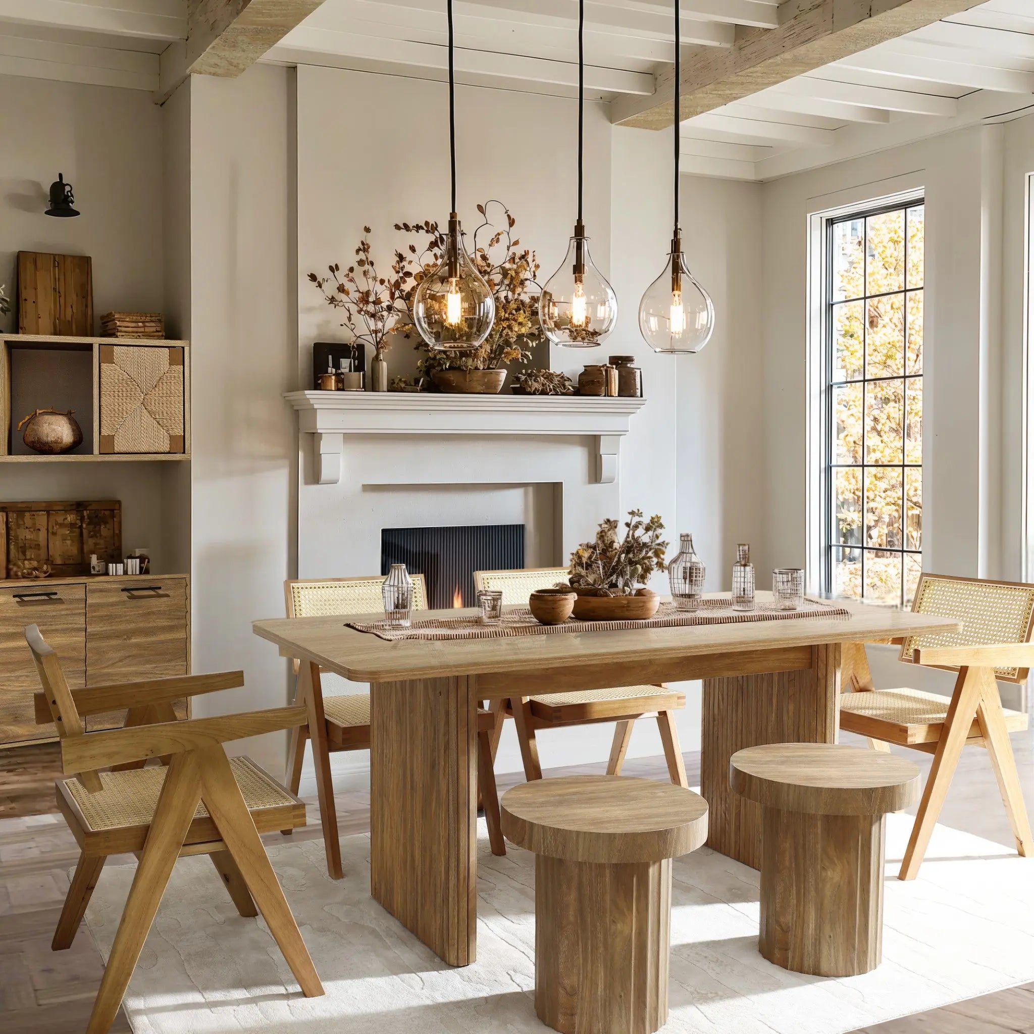 The dining room showcases a LuxenHome Aria wood finish 63 wide rectangle dining table with matching chairs and stools. Three pendant lights illuminate the spacious tabletop, complemented by a decorated mantel with vases and a window view of autumn leaves, creating a warm, rustic interior.