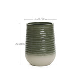 A two-toned ceramic planter with a ribbed texture, 20.08 inches tall and 15.35 inches in diameter, features a dark green top and lighter base, perfect for both indoor and outdoor environments.