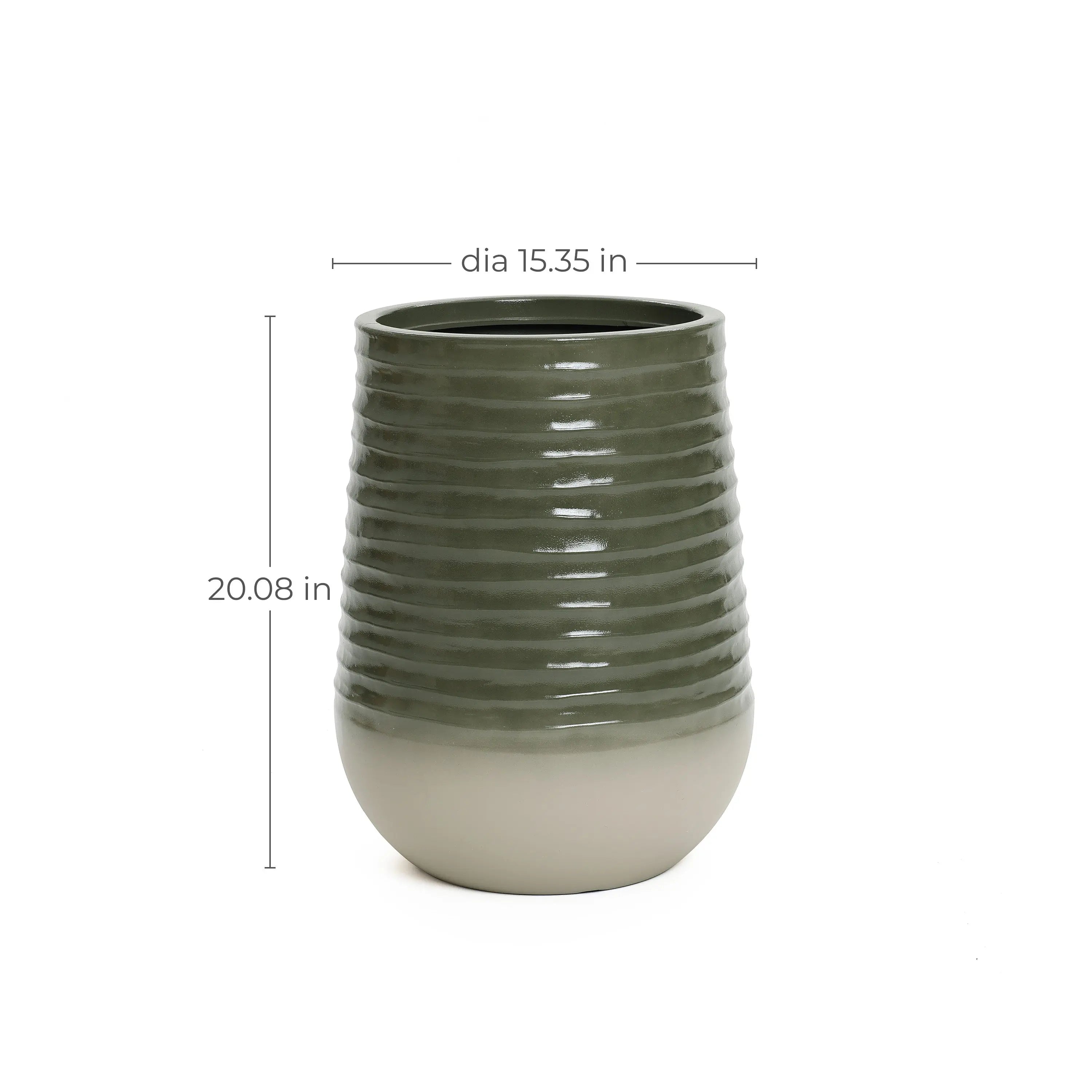 A two-toned ceramic planter with a ribbed texture, 20.08 inches tall and 15.35 inches in diameter, features a dark green top and lighter base, perfect for both indoor and outdoor environments.