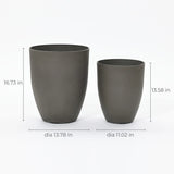 Two gray pots form a modern planter set, with dimensions marked for precision. The larger, durable planter stands 16.73 inches tall with a diameter of 13.78 inches, while the smaller pot measures 13.58 inches in height and 11.02 inches in diameter.