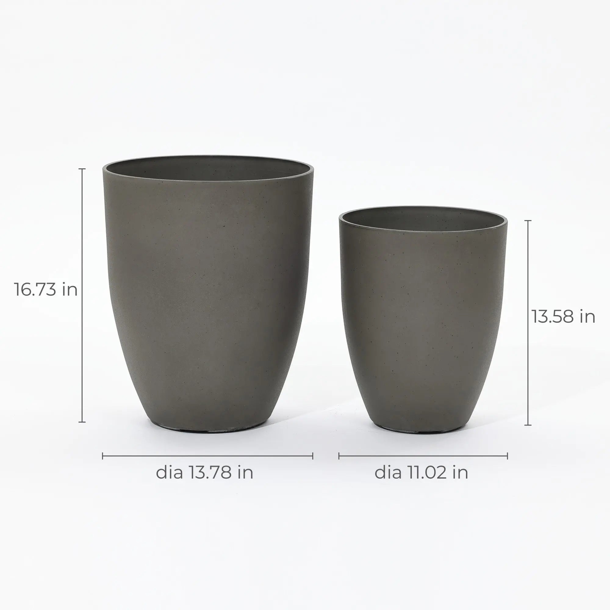 Two gray pots form a modern planter set, with dimensions marked for precision. The larger, durable planter stands 16.73 inches tall with a diameter of 13.78 inches, while the smaller pot measures 13.58 inches in height and 11.02 inches in diameter.