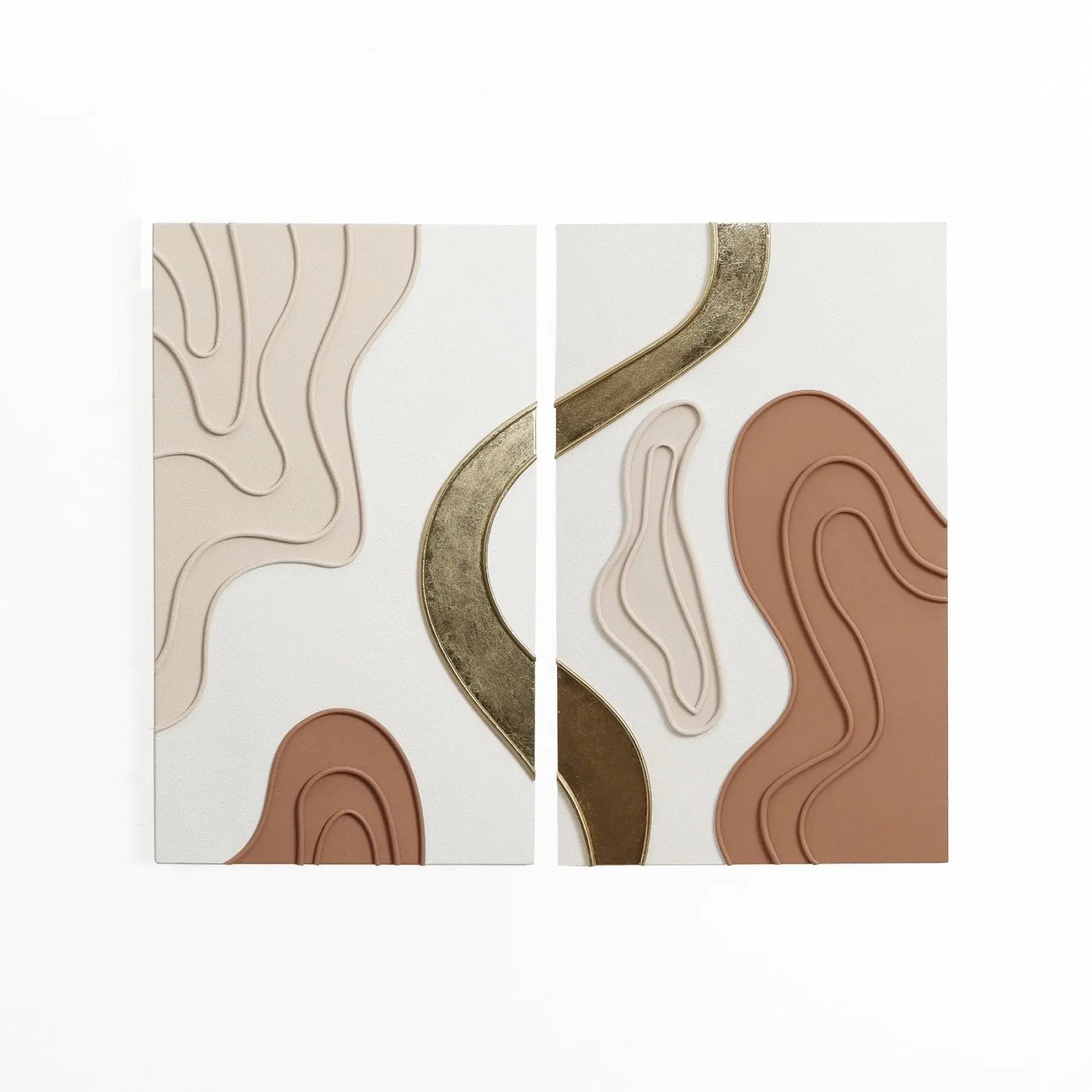 This modern art home decor features an abstract piece with wavy shapes in beige, gold, and brown tones on two vertical panels against a white background.