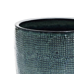 Get a close-up view of LuxenHomes Marina gray glazed round ceramic planter, measuring 13.98 in height. It features a high-quality, glossy finish with an intricate grid pattern and smooth, rounded rim, beautifully highlighted by elegant gradient shading.