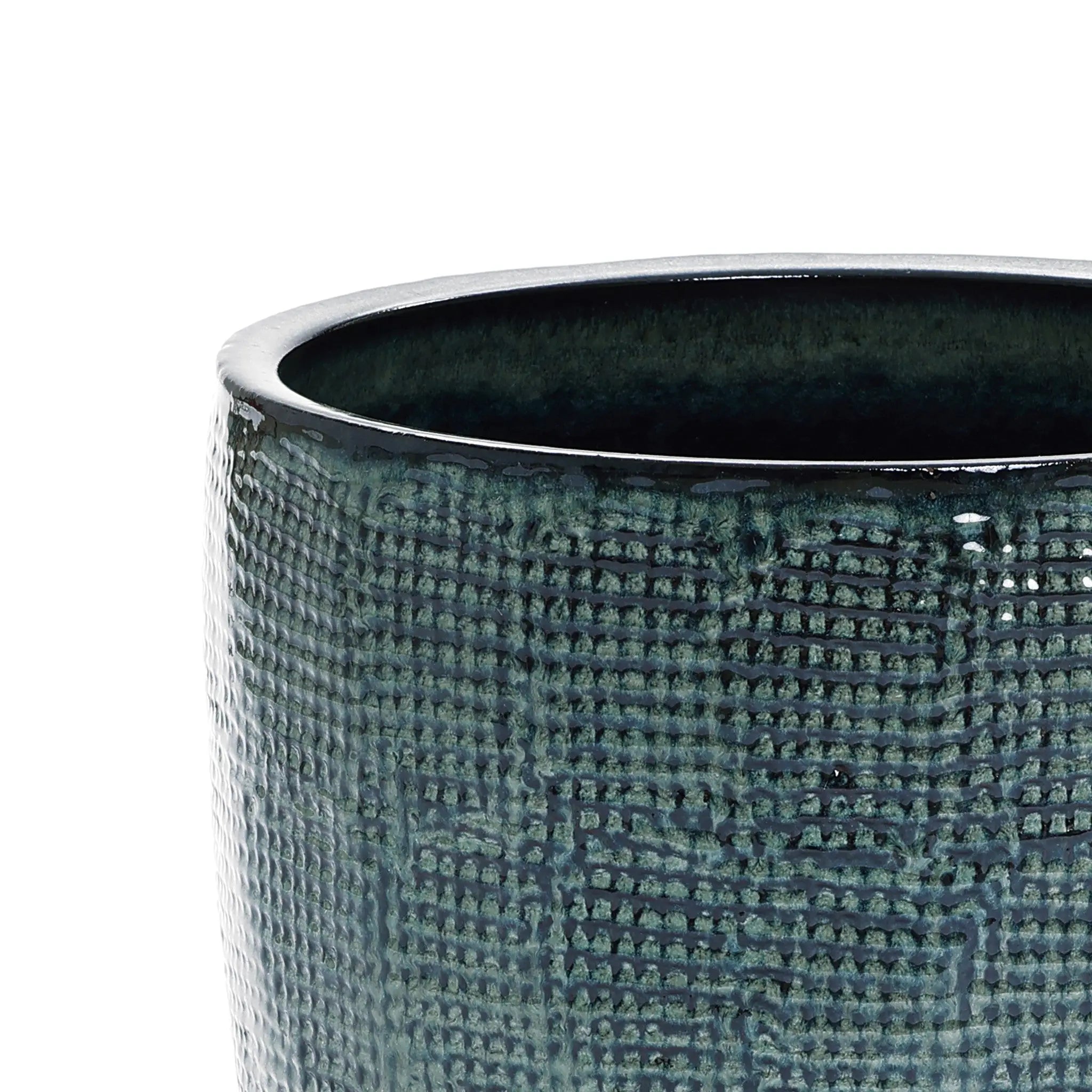 Get a close-up view of LuxenHomes Marina gray glazed round ceramic planter, measuring 13.98 in height. It features a high-quality, glossy finish with an intricate grid pattern and smooth, rounded rim, beautifully highlighted by elegant gradient shading.