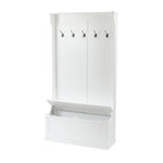 A white hall tree with five metal hooks, a convenient coat rack, and a lift-top storage bench at the bottom.