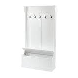 A white hall tree with five metal hooks, a convenient coat rack, and a lift-top storage bench at the bottom.