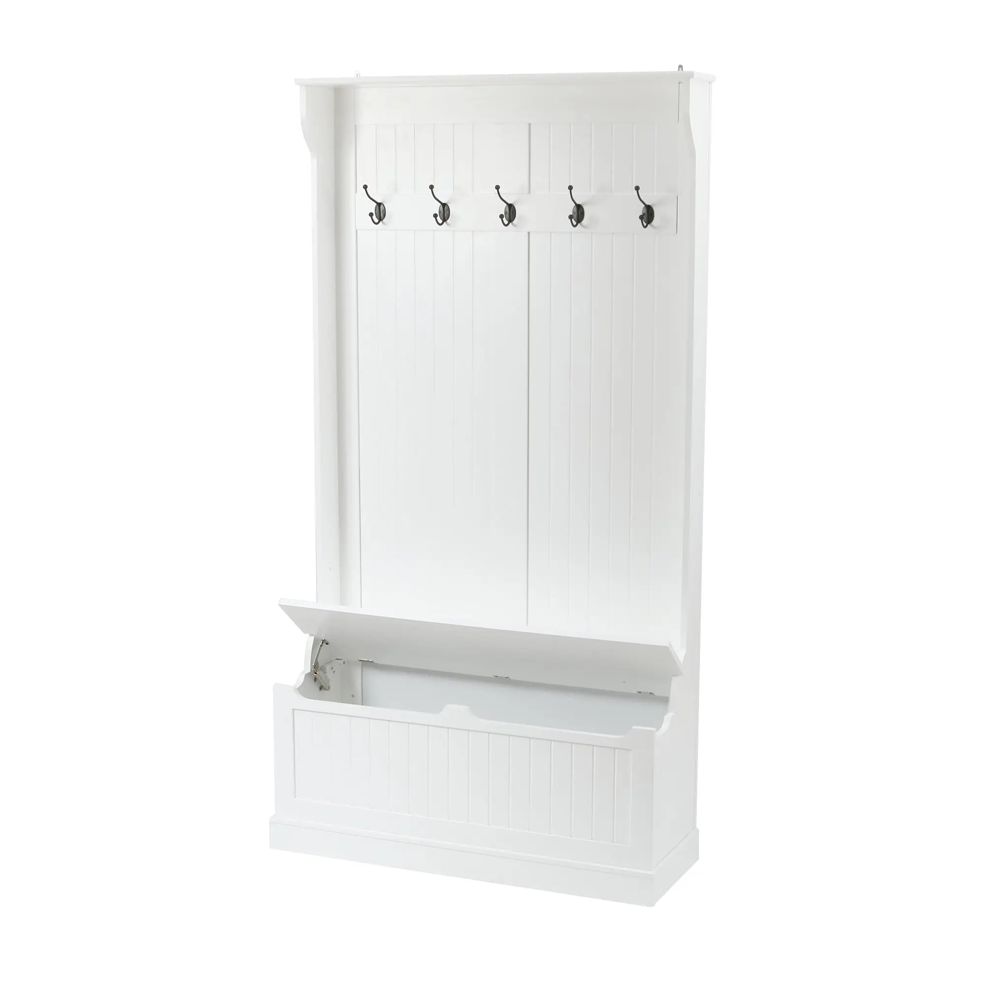 A white hall tree with five metal hooks, a convenient coat rack, and a lift-top storage bench at the bottom.