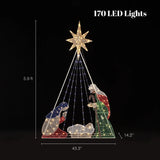 Nativity scene with Mary, Joseph, and baby Jesus outlined in 170 LED bulbs beneath the guiding North Star. This enchanting Christmas decoration stands 5.9 ft tall, 43.3 inches wide, and 14.2 inches deep.