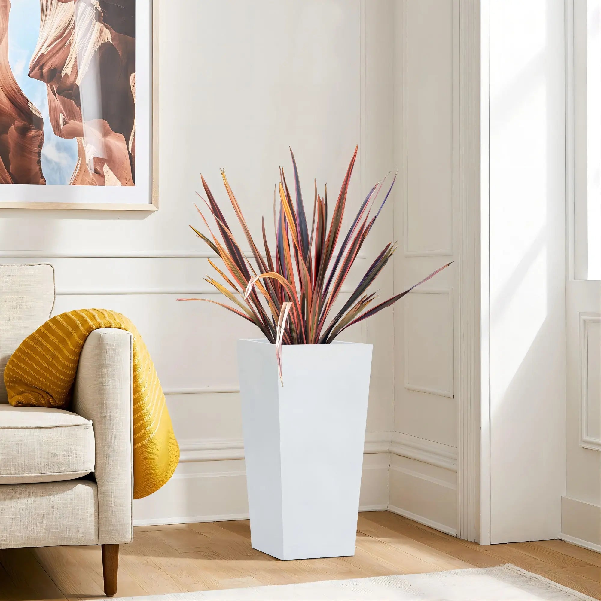 beautiful-indoor-planter-for-faux-plants-in-white