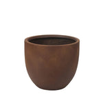 A round, brown contemporary planter with a smooth surface and wide open top, photographed against a white background.