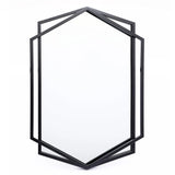 A modern style black wall mirror with a hexagon shape and a double-layered metal frame, set against a white background.