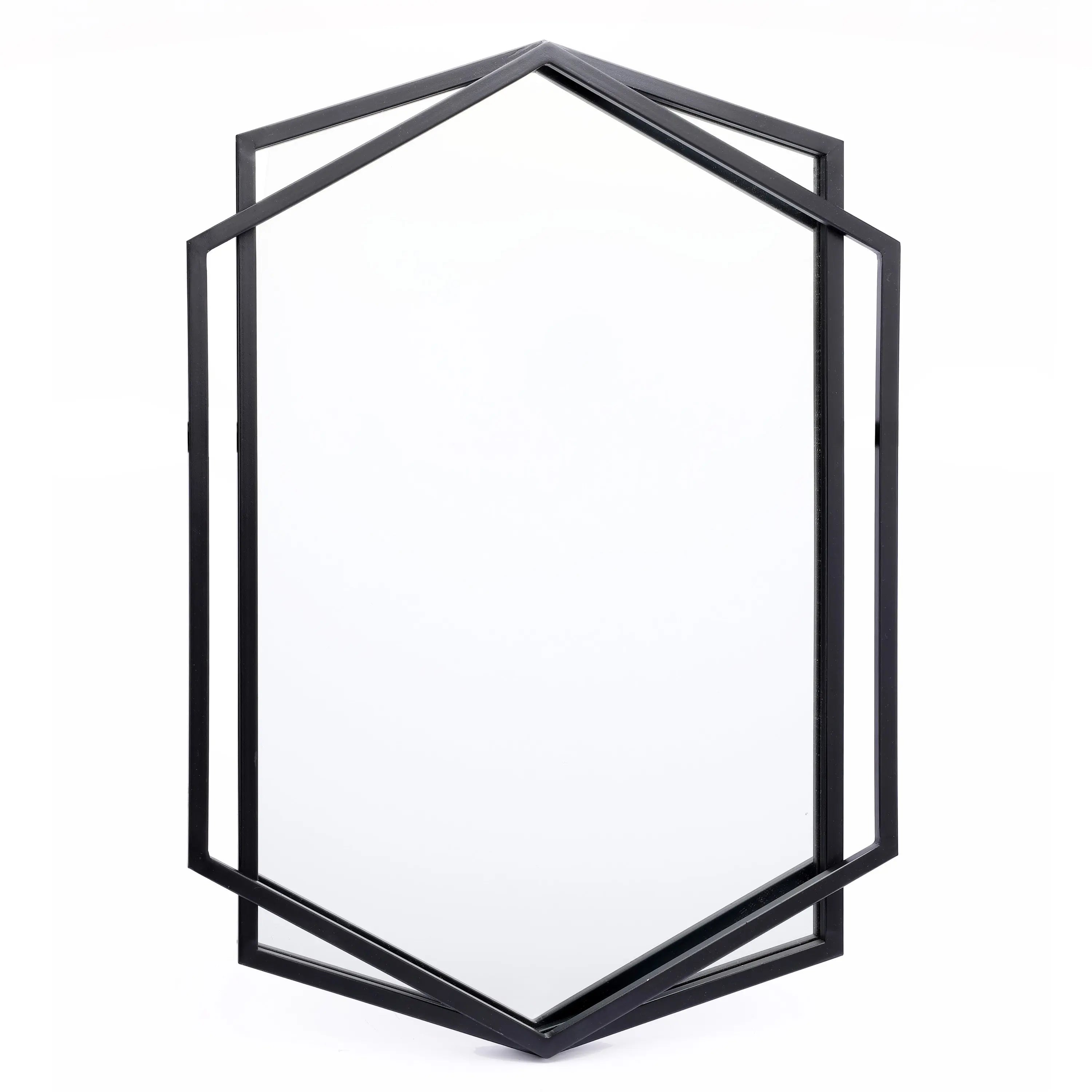 A modern style black wall mirror with a hexagon shape and a double-layered metal frame, set against a white background.