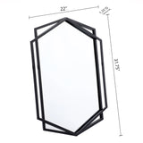 Hexagonal black wall mirror with a geometric metal frame, featuring a modern style. Measures 22 inches wide, 31.75 inches tall, and 1.25 inches deep.