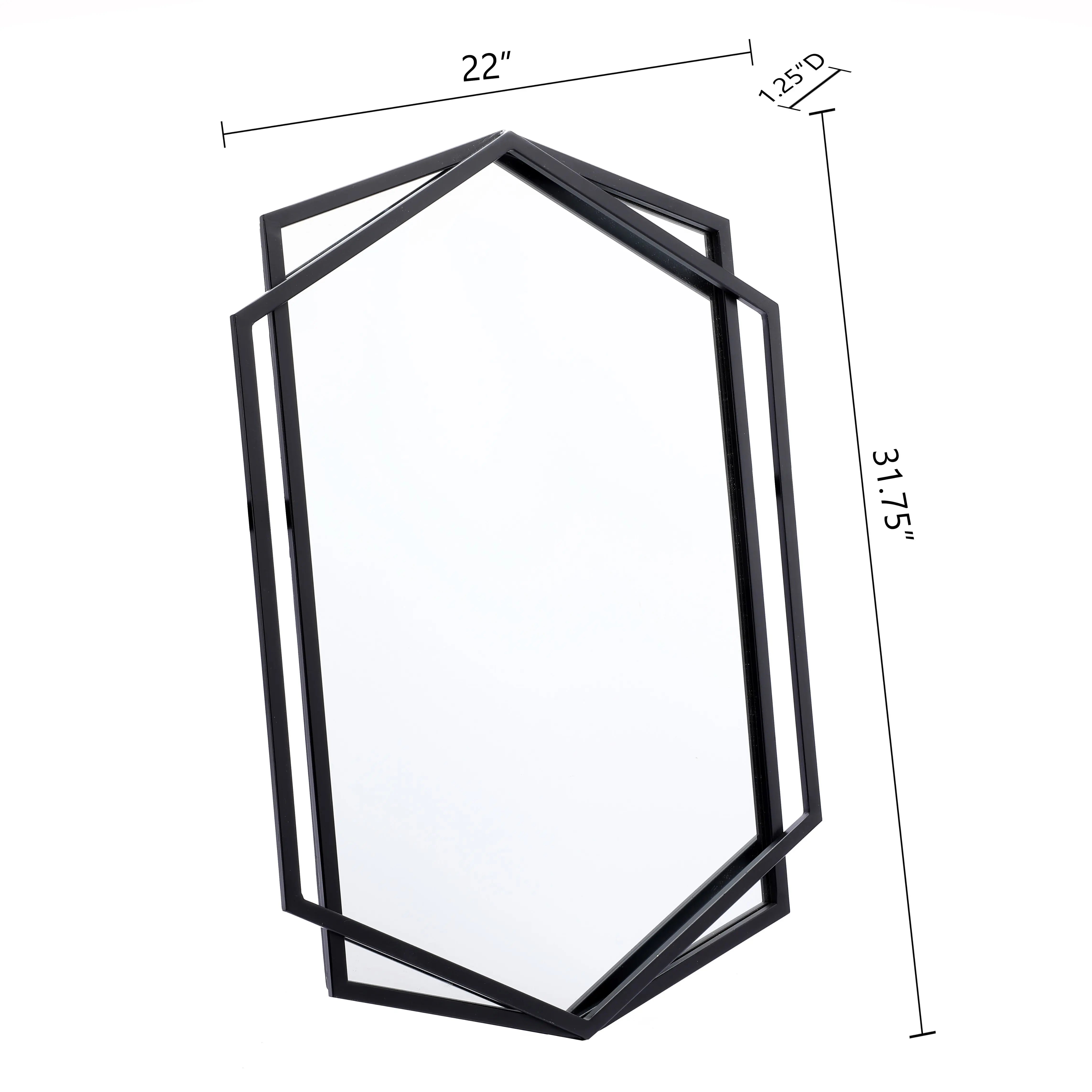 Hexagonal black wall mirror with a geometric metal frame, featuring a modern style. Measures 22 inches wide, 31.75 inches tall, and 1.25 inches deep.