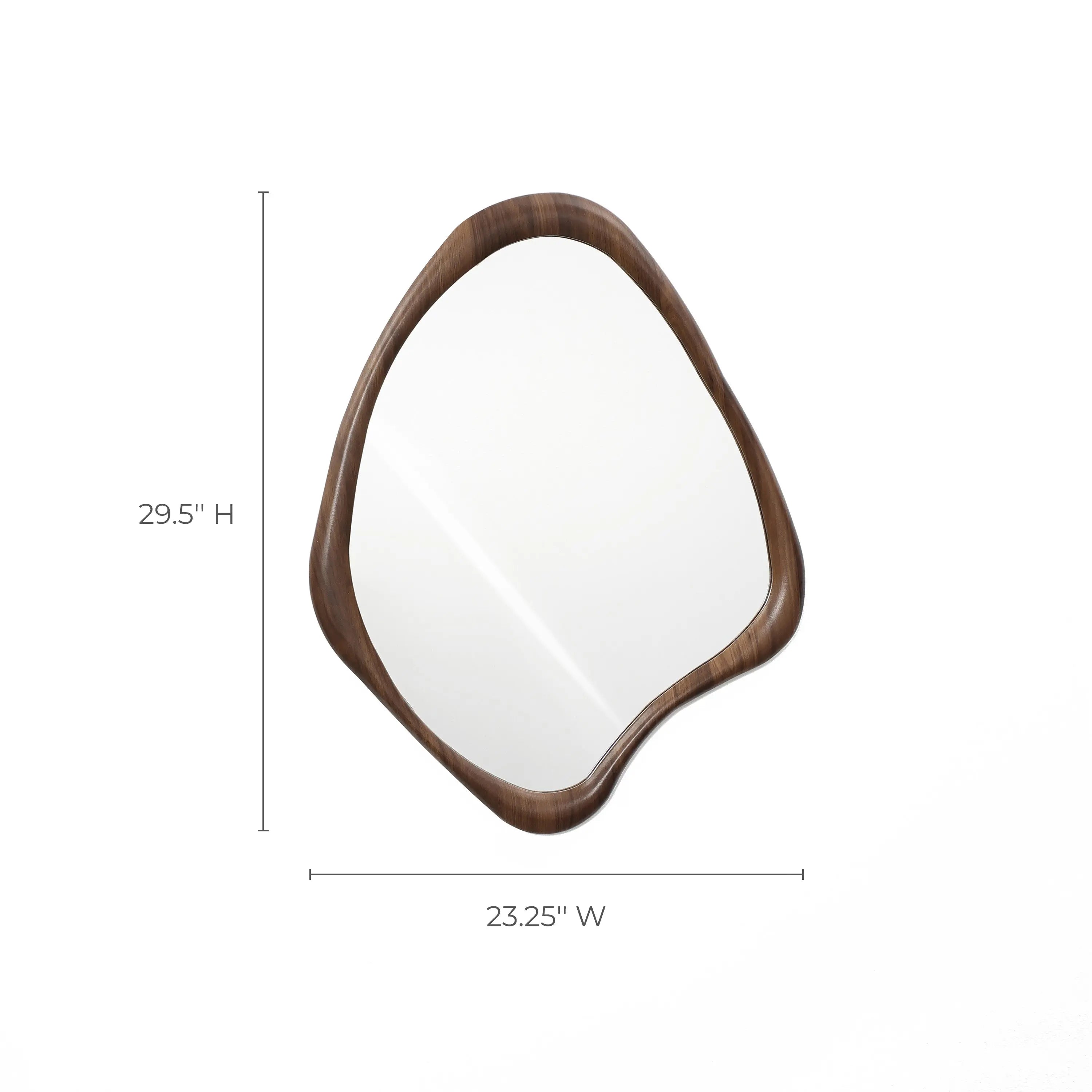 Asymmetrical wall mirror with a wooden frame, exuding Scandinavian charm in its minimalist design, measuring 29.5 inches in height and 23.25 inches in width.