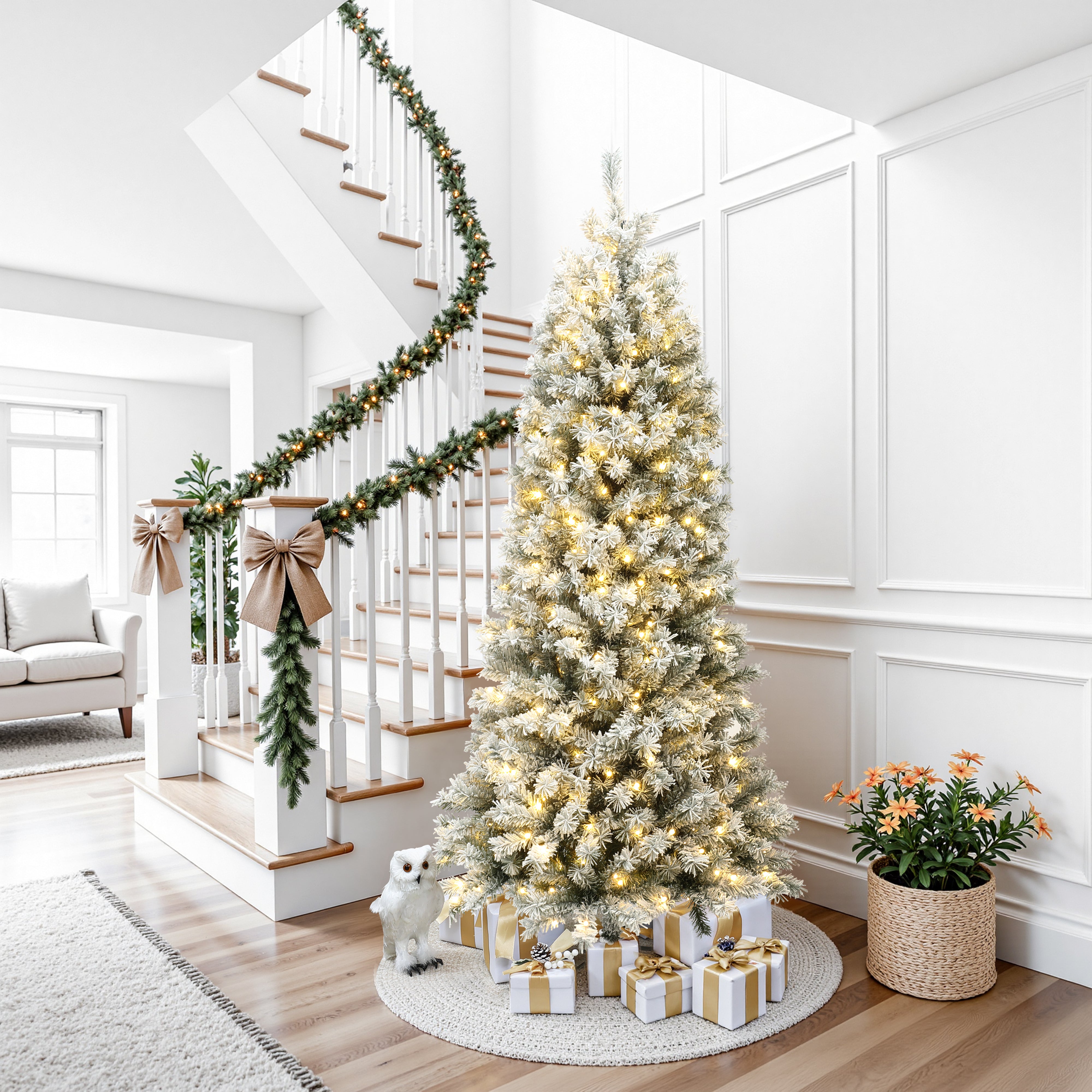 LuxenHome 7 ft. Pre-Lit Snow-Flocked Full Artificial Christmas Tree with Sturdy Metal Stand LuxenHome 7 ft. Pre-Lit Snow-Flocked Full Artificial Christmas Tree with Sturdy Metal Stand
