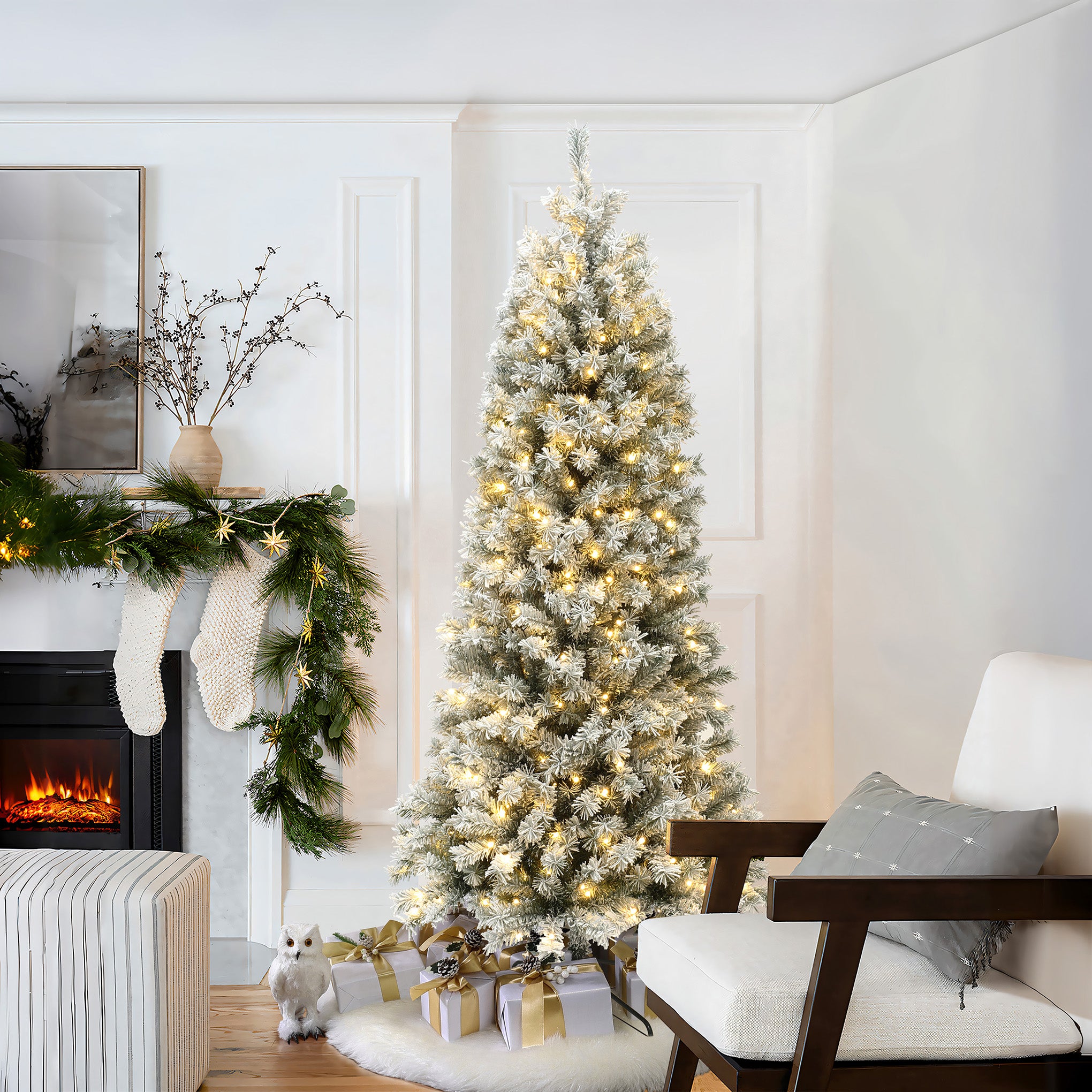 7ft Pre-Lit Snow-Flocked Artificial Christmas Tree - LuxenHome