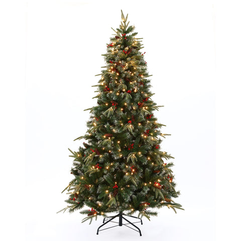 7Ft Pre-Lit LED Artificial Full Pine Christmas Tree with Pine Cones and Red Holly Berries