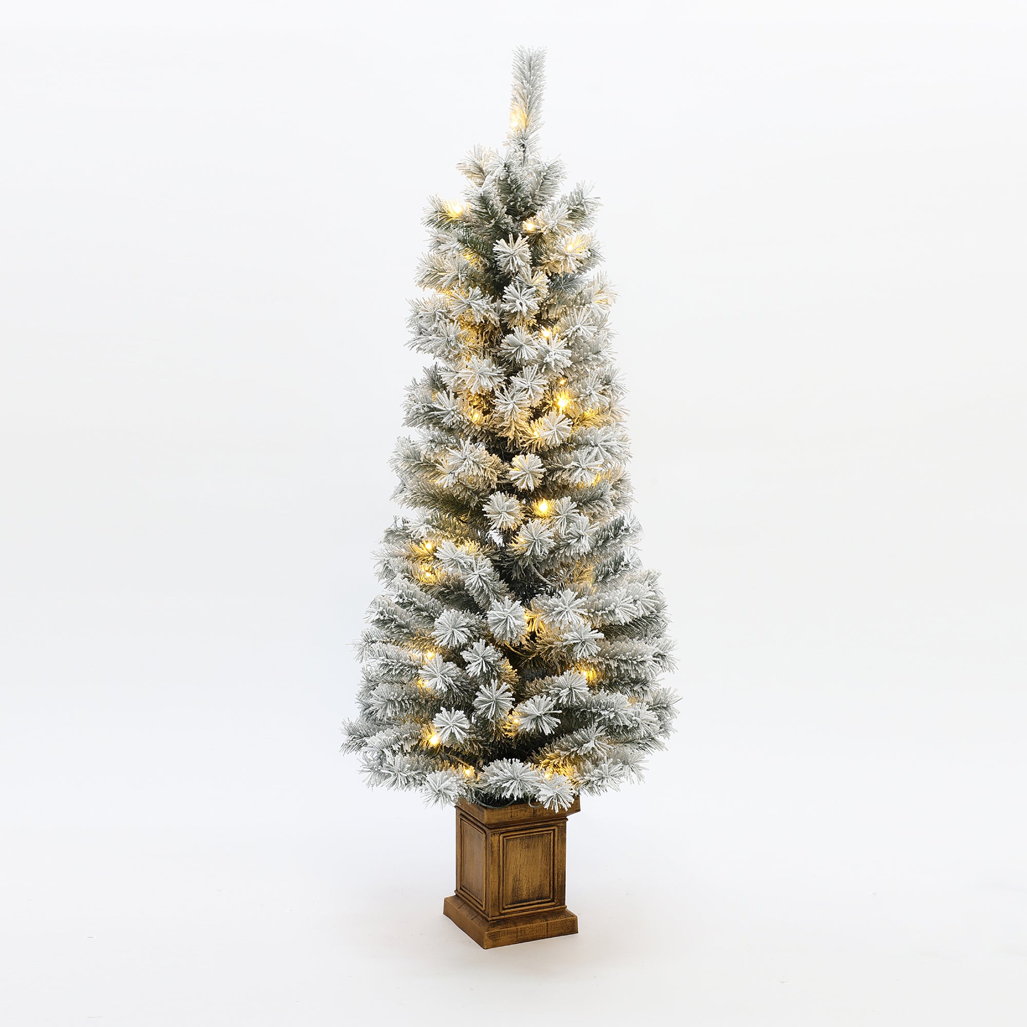 pre lit artificial indoor plants LuxenHome 4Ft Pre-Lit LED Battery-Operated with Timer Artificial Flocked Fir Christmas Tree with Square Planter