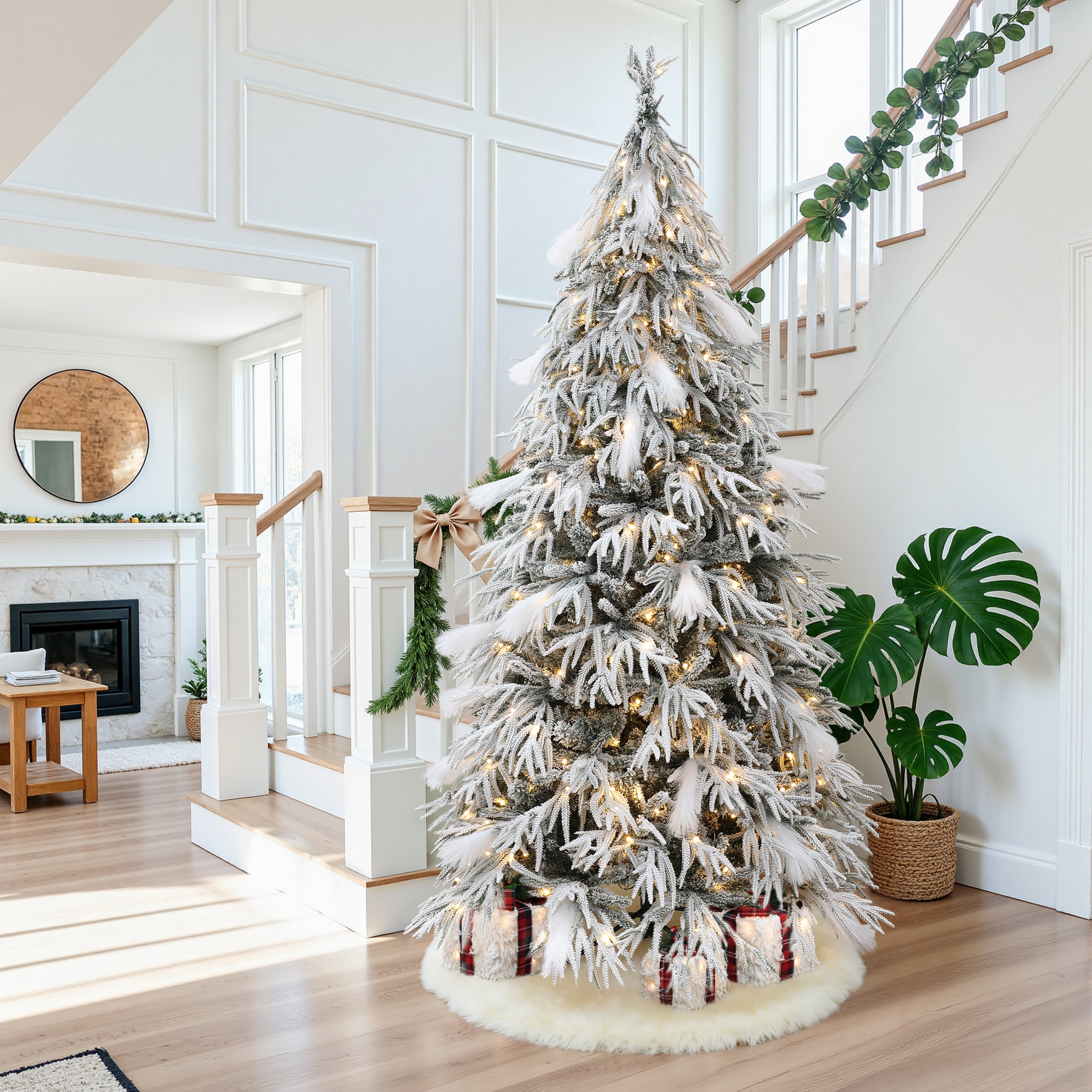pre lit dressed christmas tree ANGELES HOME 6 ft. Pre-Lit Snow-Flocked Artificial Christmas Tree Alpine Tree with Base M22-8CM57