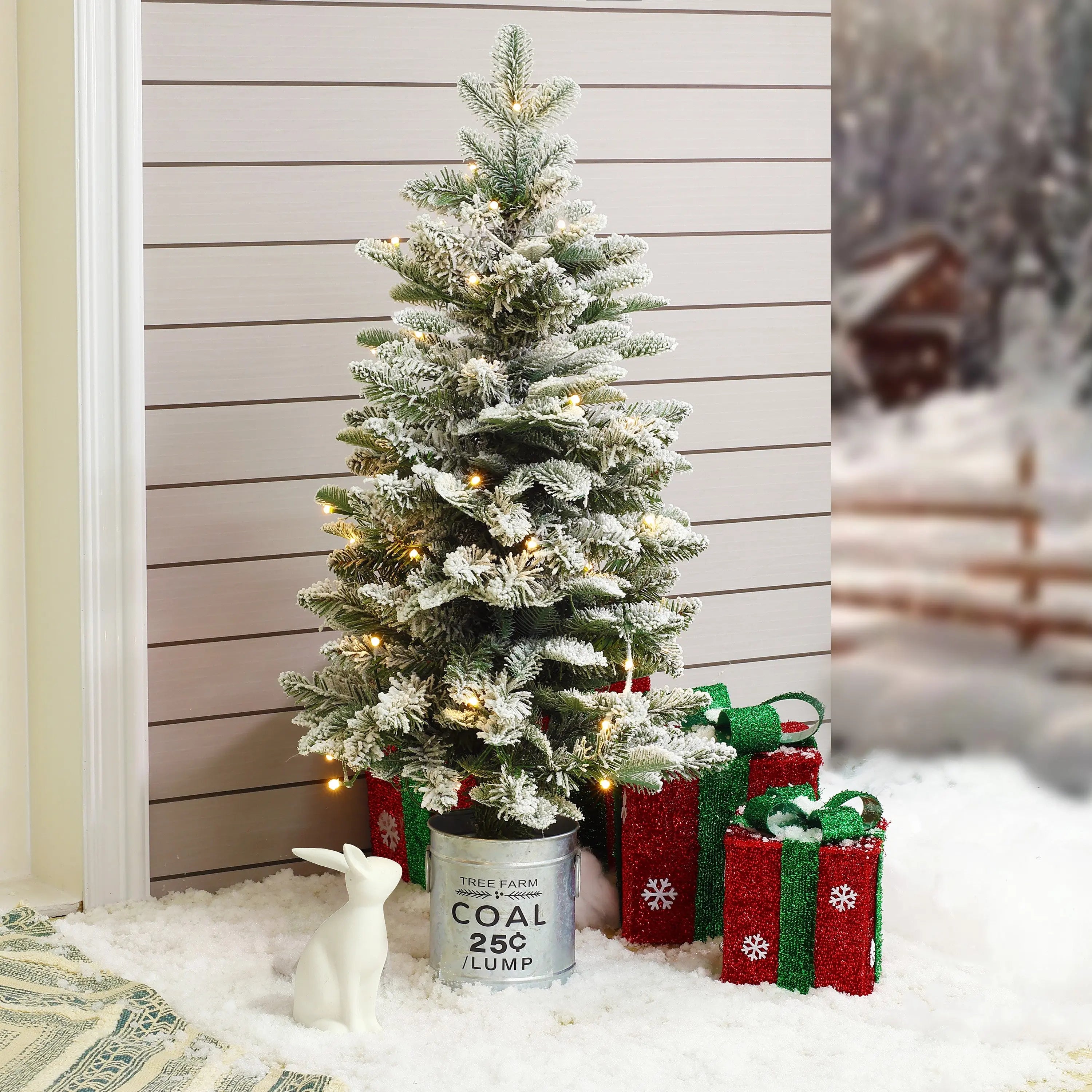 outdoor potted christmas plants 3Ft Pre-Lit LED Artificial Flocked Fir Christmas Tree with Metal Pot