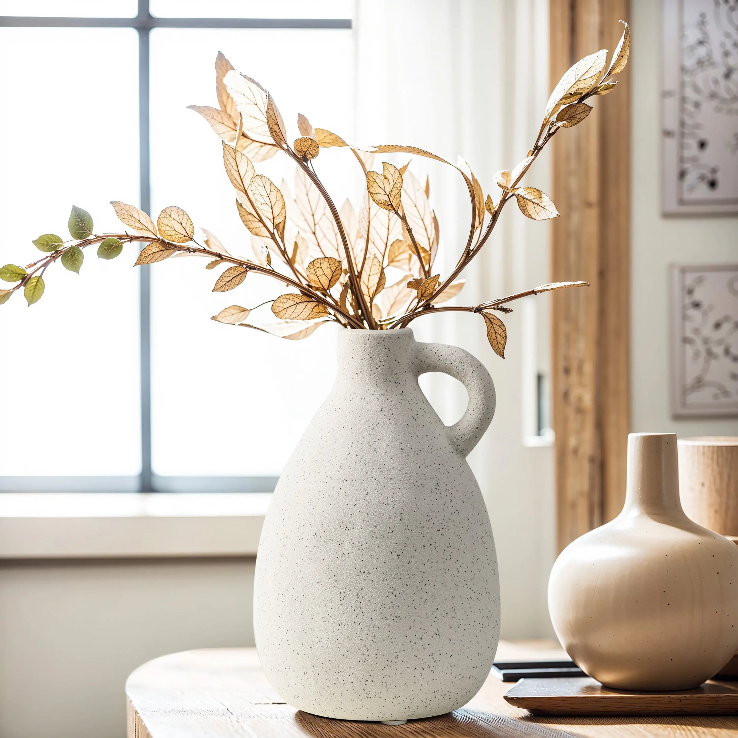 A vintage speckled white vase with a handle holds dried golden branches on a wooden table, alongside a smaller beige terracotta vase, enhancing the homes decor in front of a window.
