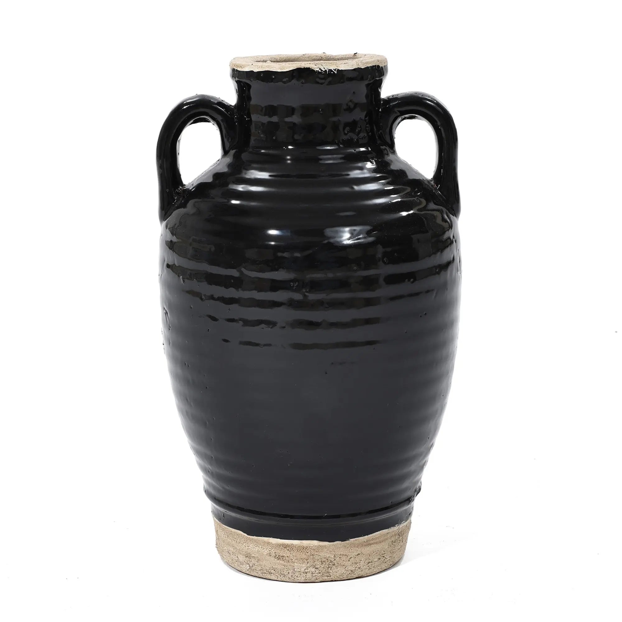 A handcrafted black ceramic vase with two handles and a textured surface, finished with a sleek black glaze.