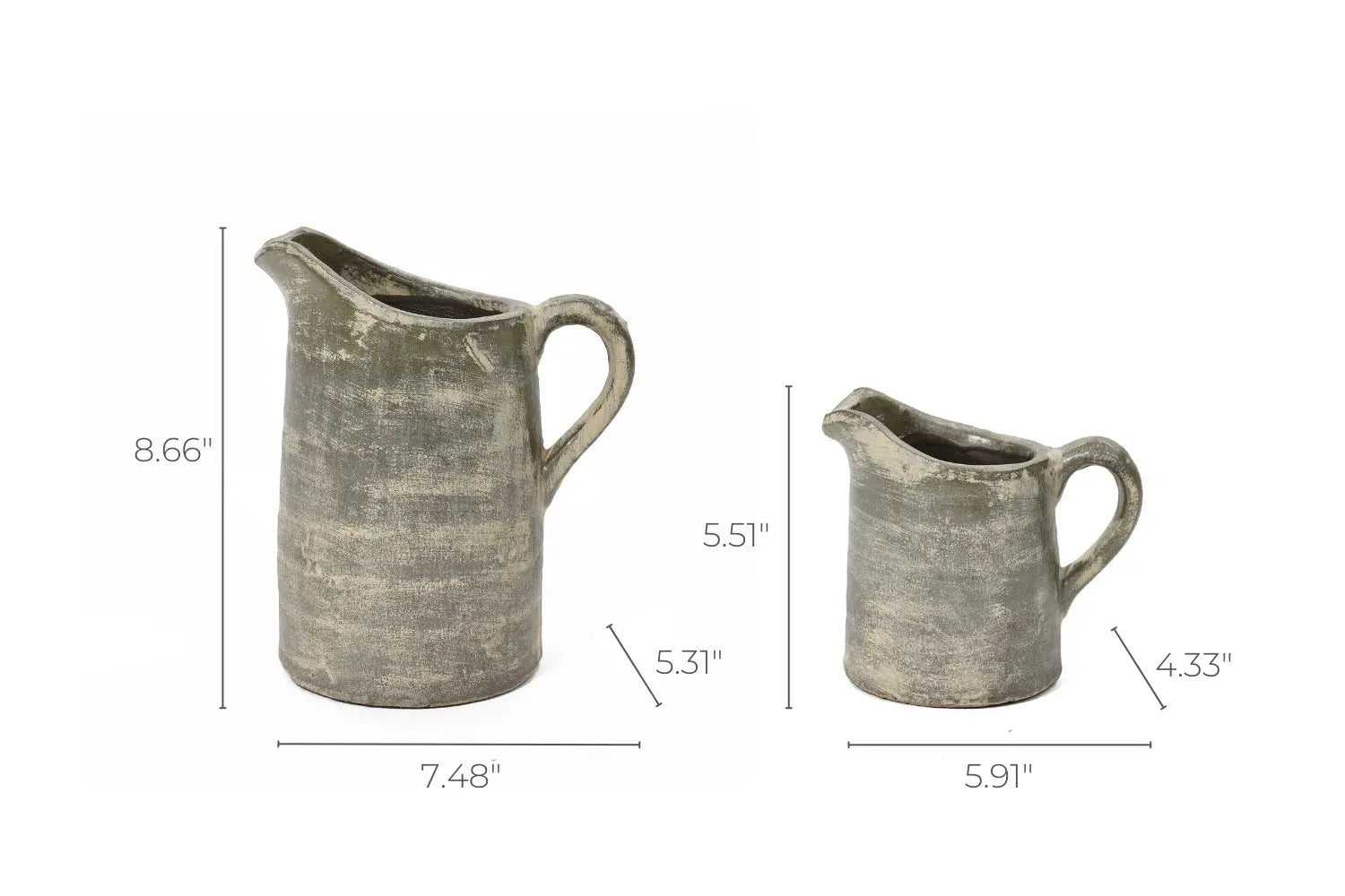 Two rustic pitcher vases, one large and one small, showcase artisanal craftsmanship with terracotta finish. The large vase is 8.66 tall and 7.48 wide, while the small stands at 5.51 tall and 5.91 wide, perfect for adding a touch of charm to any space.