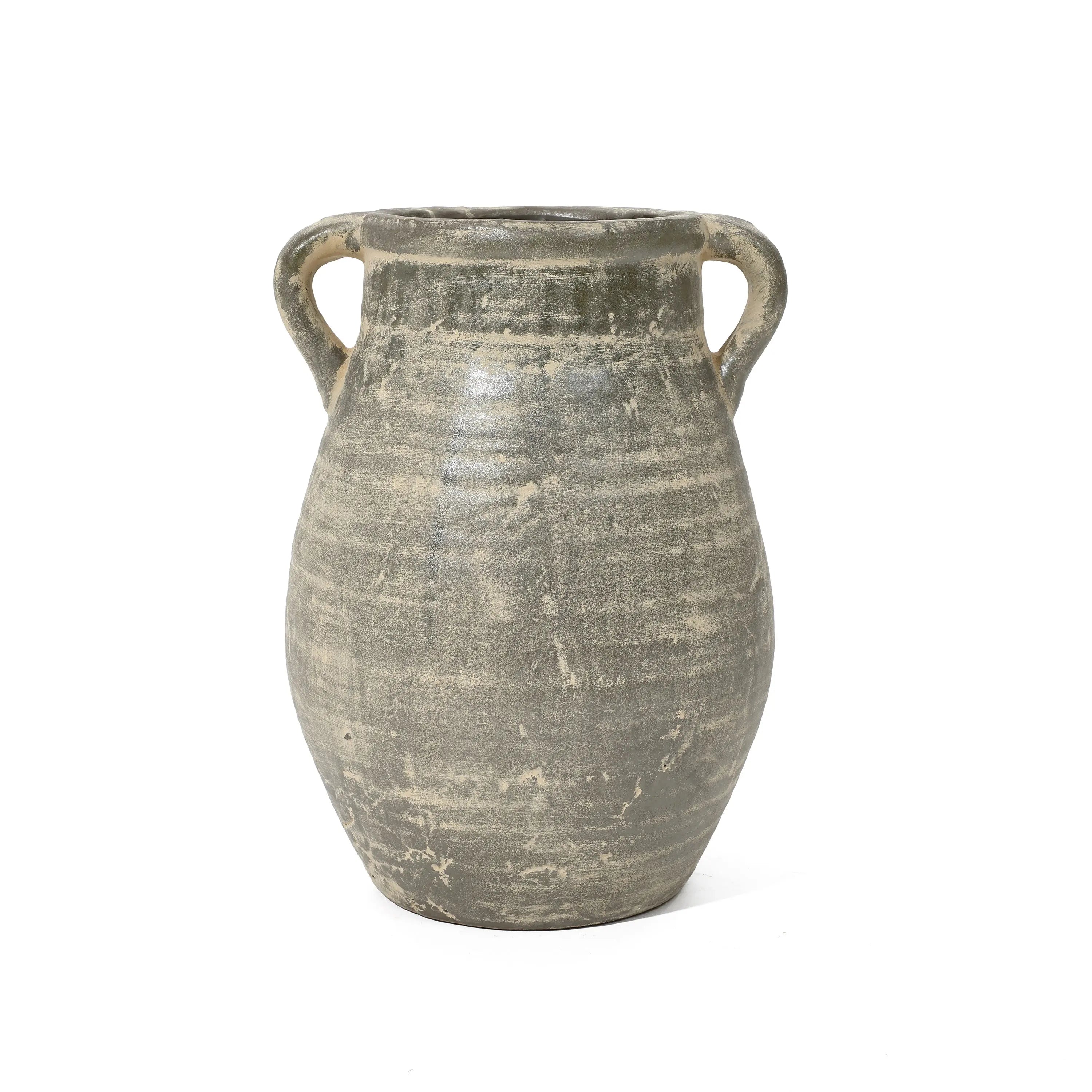 An aged, gray ceramic terracotta jug vase with a rounded body and two curved handles on either side, exuding historic depth through its handcrafted charm.