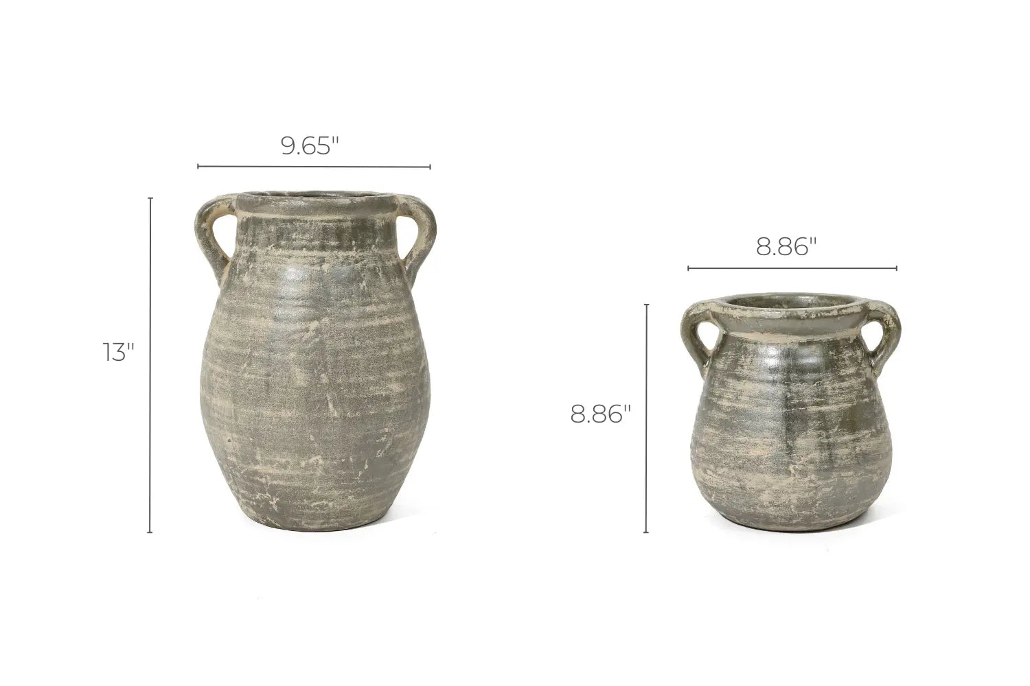 Two handcrafted clay pots exuding historic depth, the taller stands 13 high and 9.65 wide, while the smaller is a charming 8.86x8.86. Both feature two handles, reminiscent of a terracotta jug vases timeless allure.