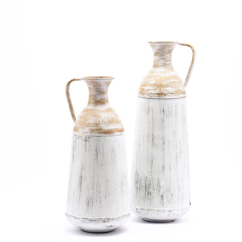 Set of 2 Distressed Off White and Rustic Brown Metal Pitcher Vase