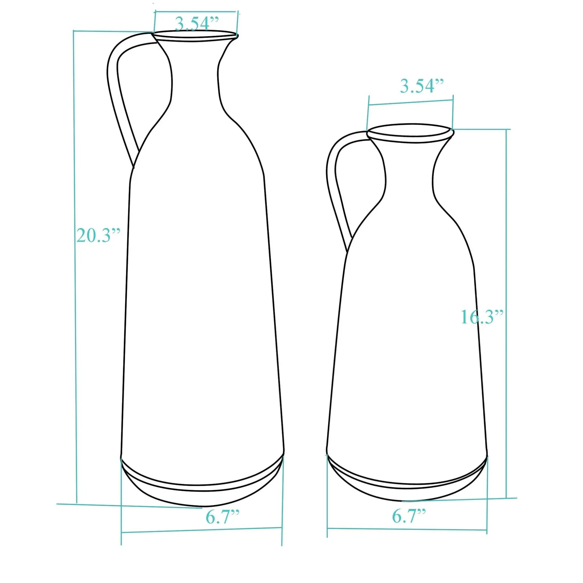 Measurements-for-set-of-two-distressed-off-white-rustic-brown-metal-pitcher-vase