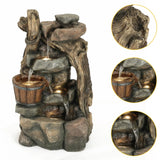 Resin Stacked Rock Wall and Barrel Outdoor Water Fountain with LED Lights - LuxenHome