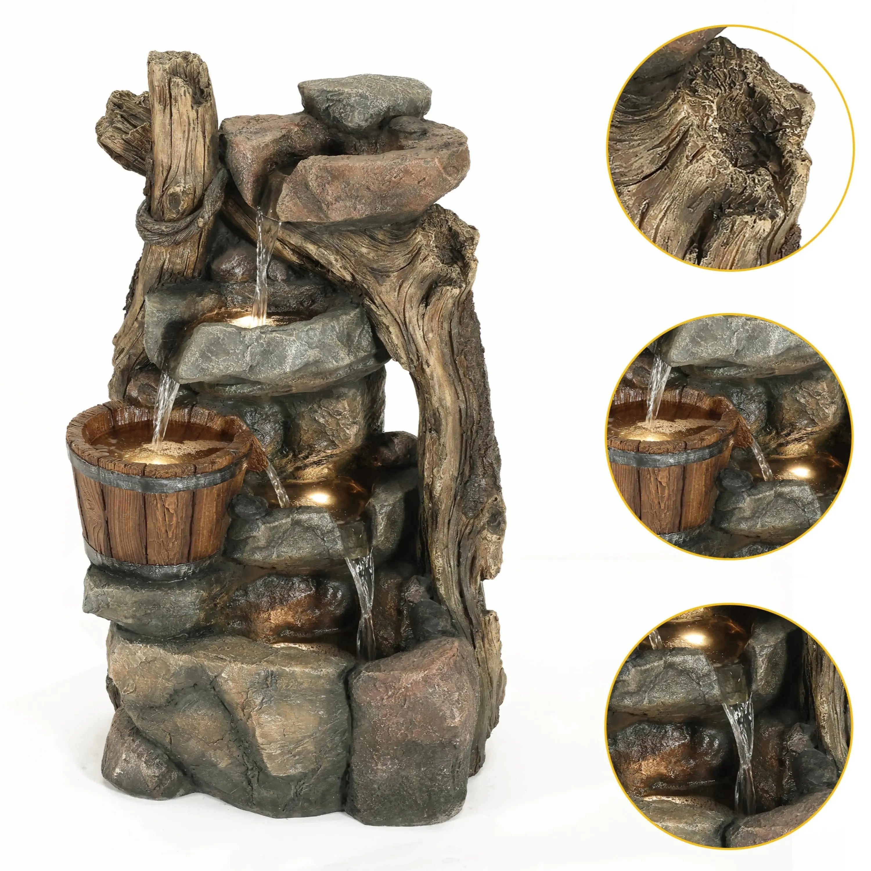 Resin Stacked Rock Wall and Barrel Outdoor Water Fountain with LED Lights - LuxenHome