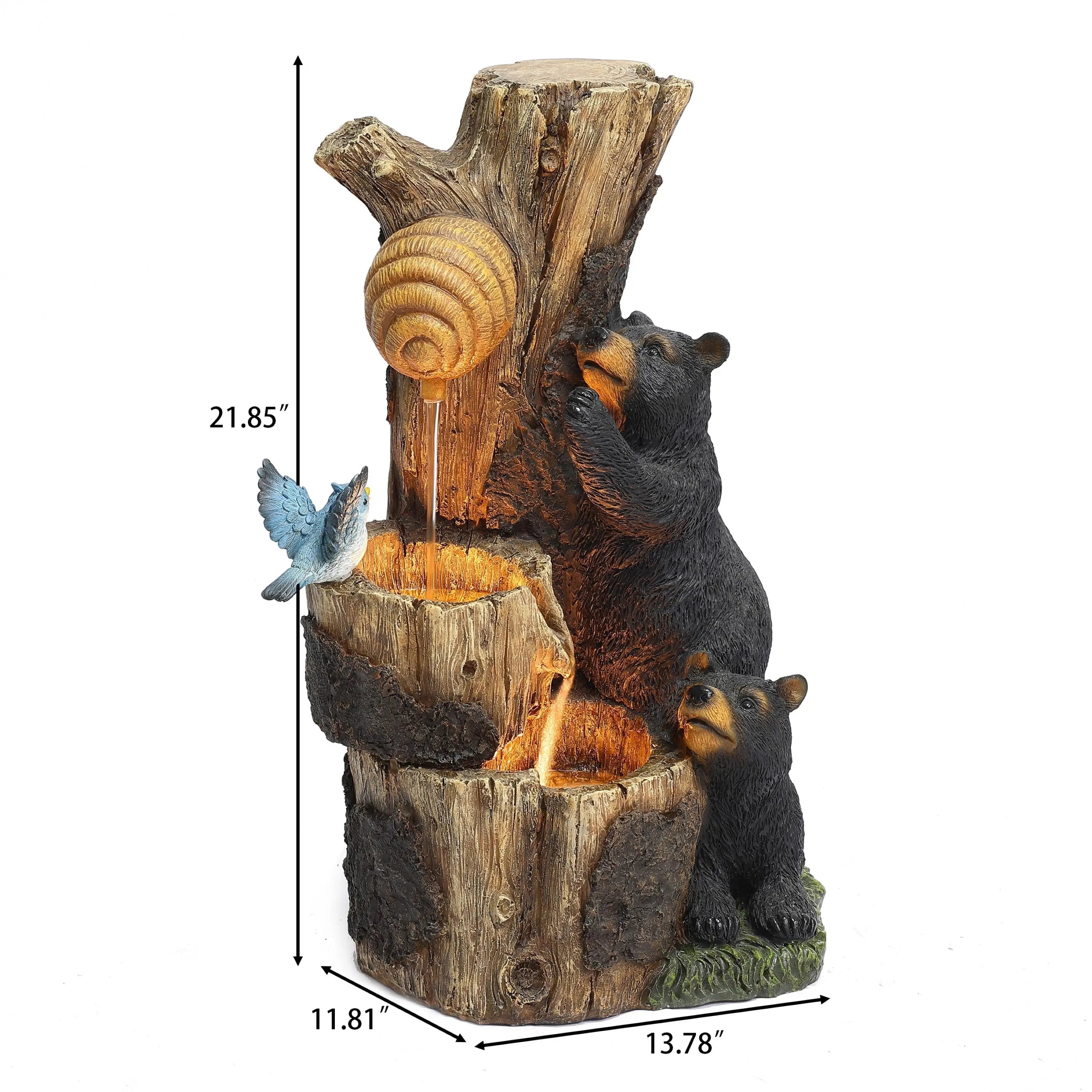 This bear outdoor fountain features two black bears and a blue bird on a tree trunk with a beehive. Made from durable resin, its perfect for adding charm to your garden or patio. Dimensions: 21.85H x 11.81W x 13.78D.
