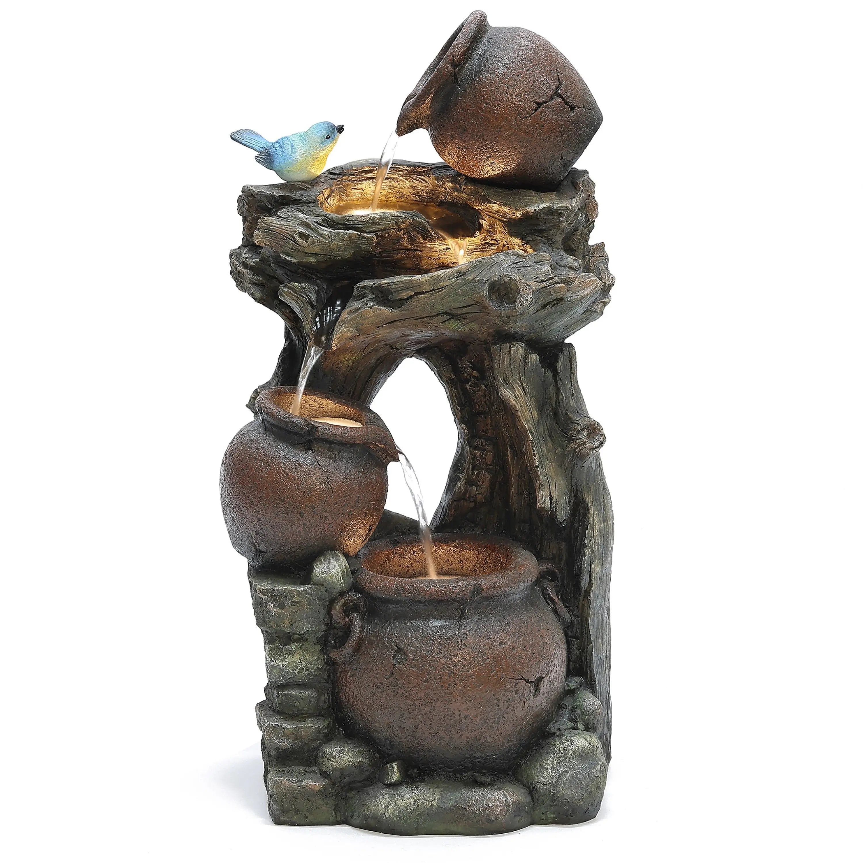 A tabletop outdoor fountain featuring three rustic pots with flowing water, soft LED lights, and a small blue bird perched on the top pot.