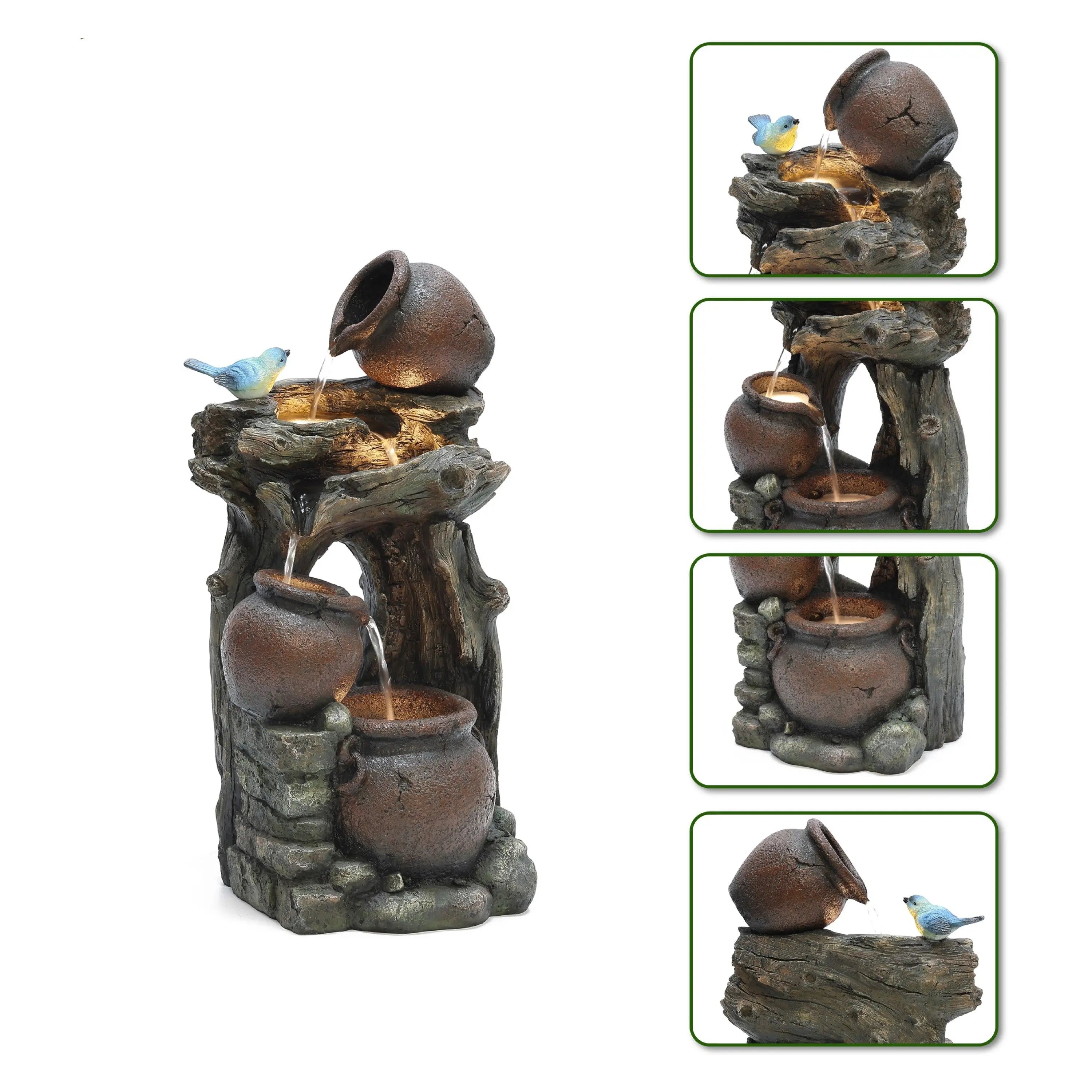 A tiered tabletop outdoor fountain with three rustic pots, faux wood and stone design, and a small blue bird figurine perched on the lowest jug. Four inset close-up views on the right highlight LED lights for added charm.